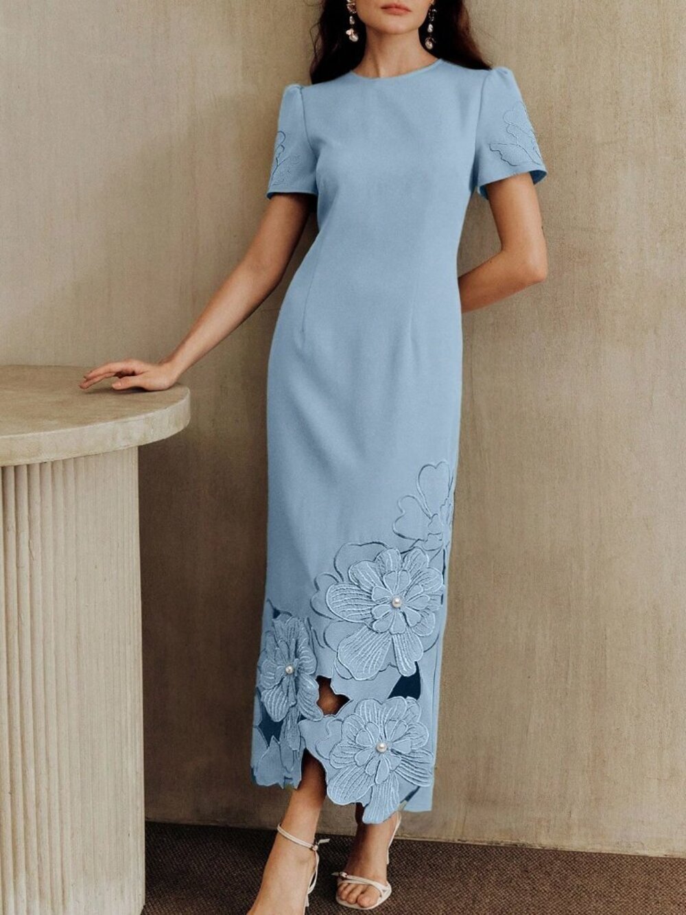 Elegant Blue Women's Long Straight Dress with Pearl Embroidered Cutout